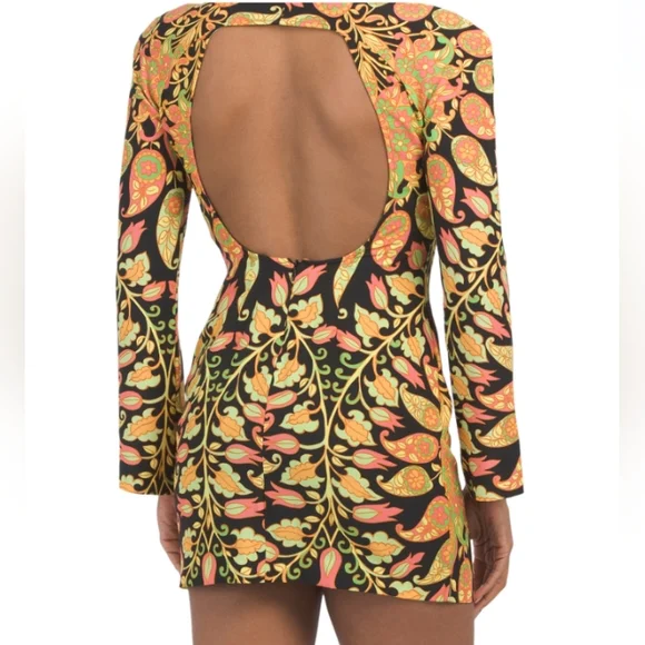 ZARA Mini Bodycon Floral Paisley Dress Bell Sleeve Cutout Multicolor - Picture 3 of 9